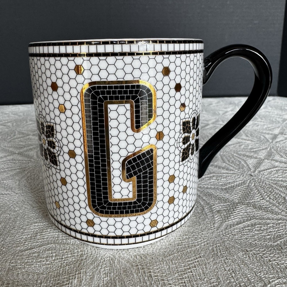 Anthropologie, Initial G Margot Tile Mug Monogram, White Black Gold Coffee Cup